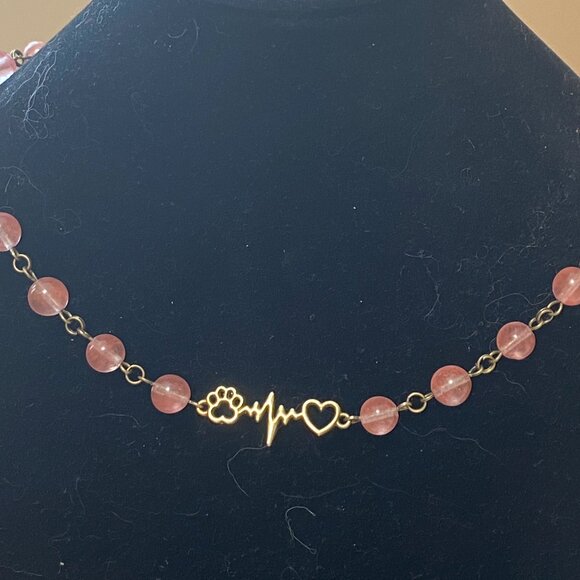 Cute Cherry Quartz Bronze Paw Print Heart Beat Adjustable Pendant Choker - Picture 3 of 16